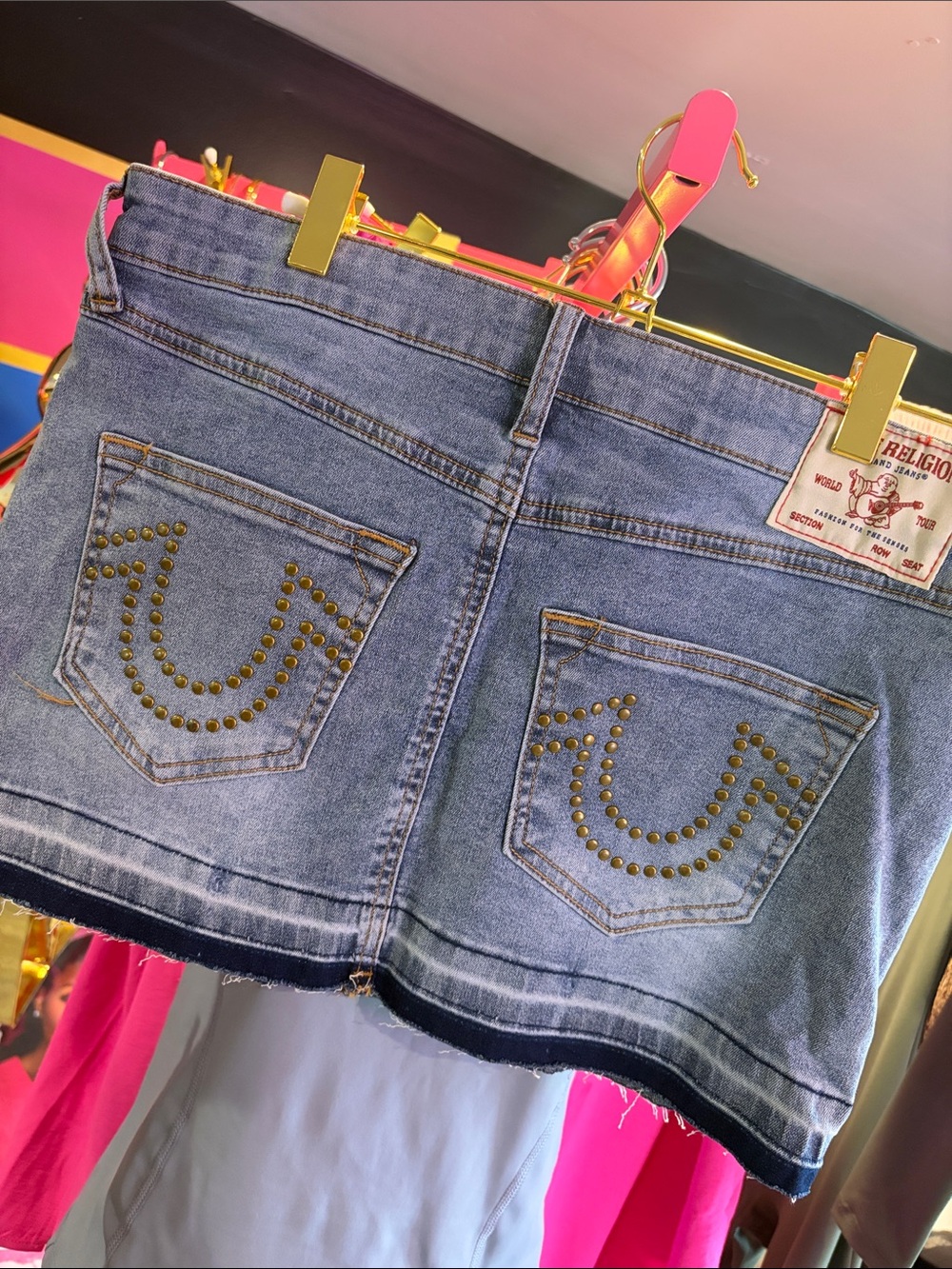 True Religion Gold Studded Light Blue Denim Mini Skirt